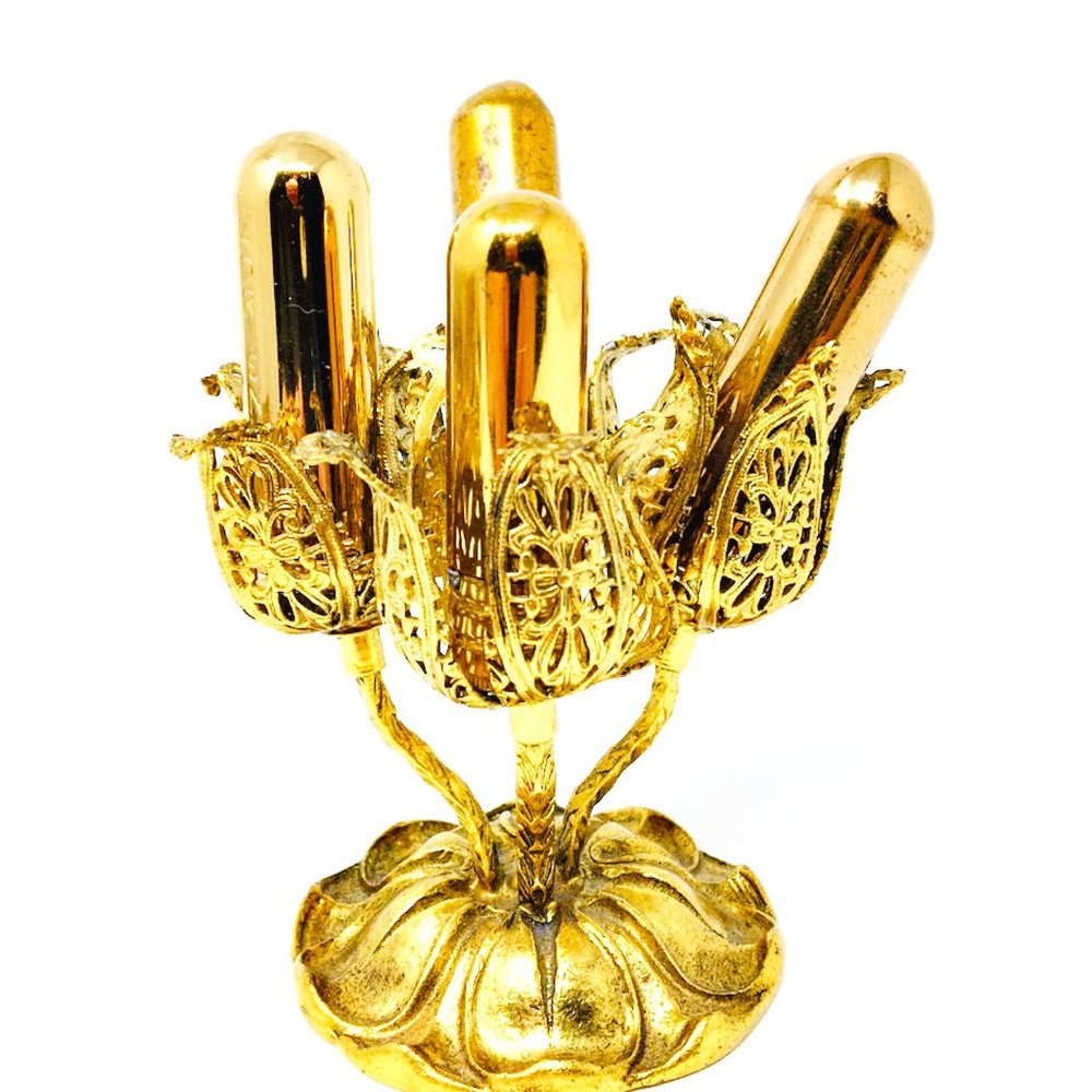 Vintage Gilt Filigree Four Tulip Flowers Lipstick Holder Stand Hollywood Regency